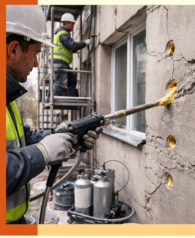 Заполнение пустот в фасаде и утепление стен в Георгиевске