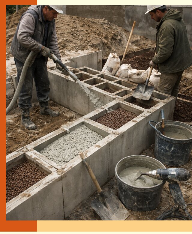 Заполнение полостей фундамента в Георгиевске герметичным утеплением и повышением прочности